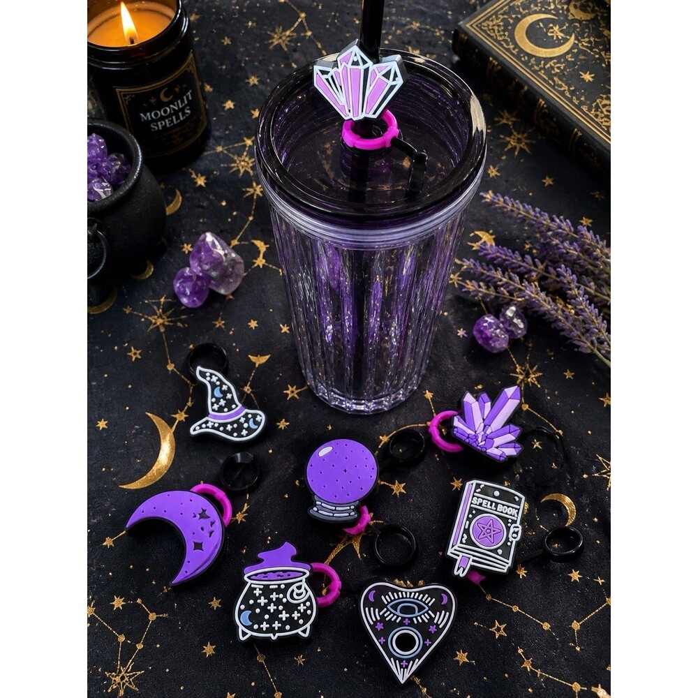 8pc Witchy Straw Topper Set Purple Halloween Crystal Moon Cauldron Cute